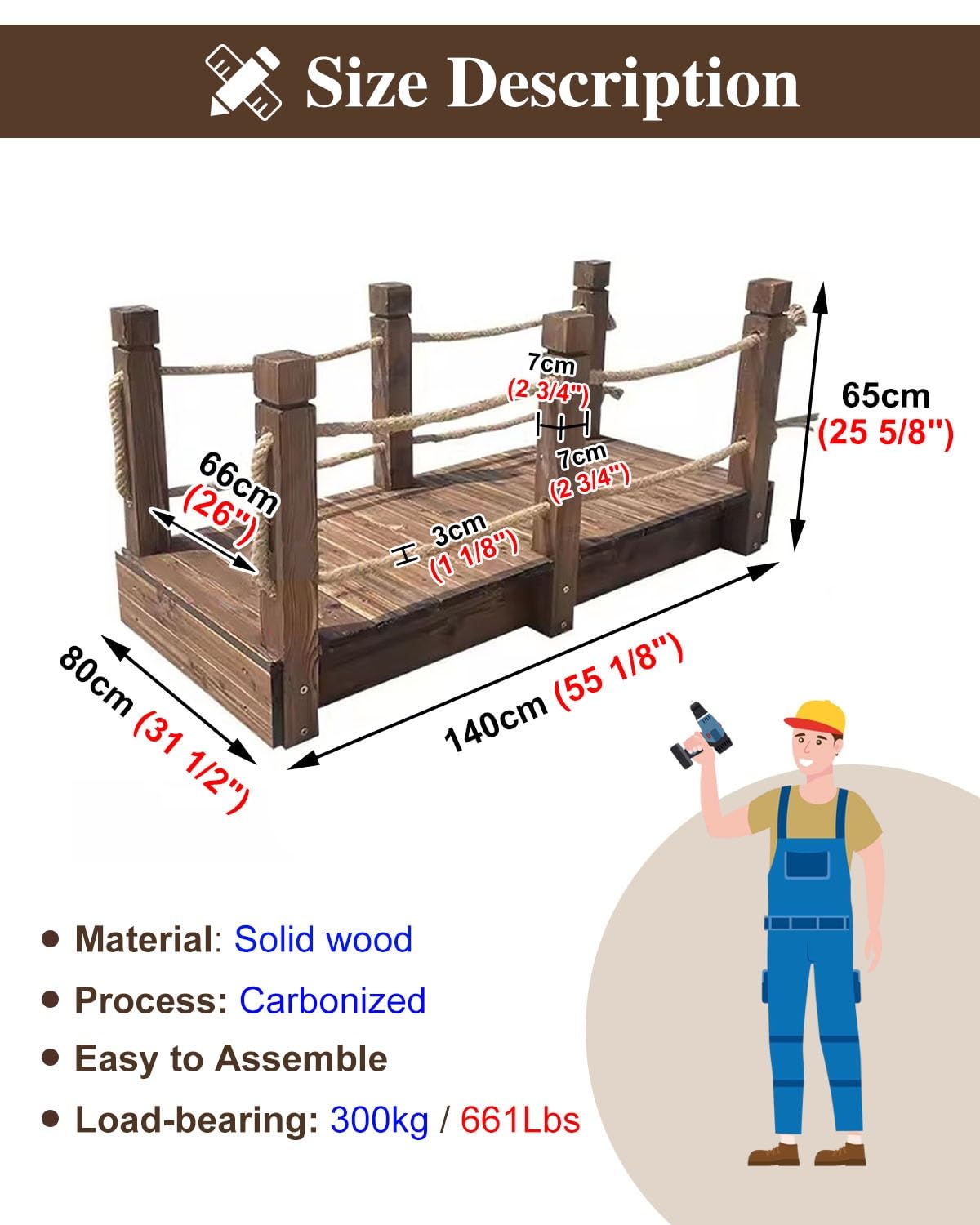 Ponte per laghetto per esterni, decorazione da giardino in legno, ponte carbonizzato per prato, patio e sentiero del capanno