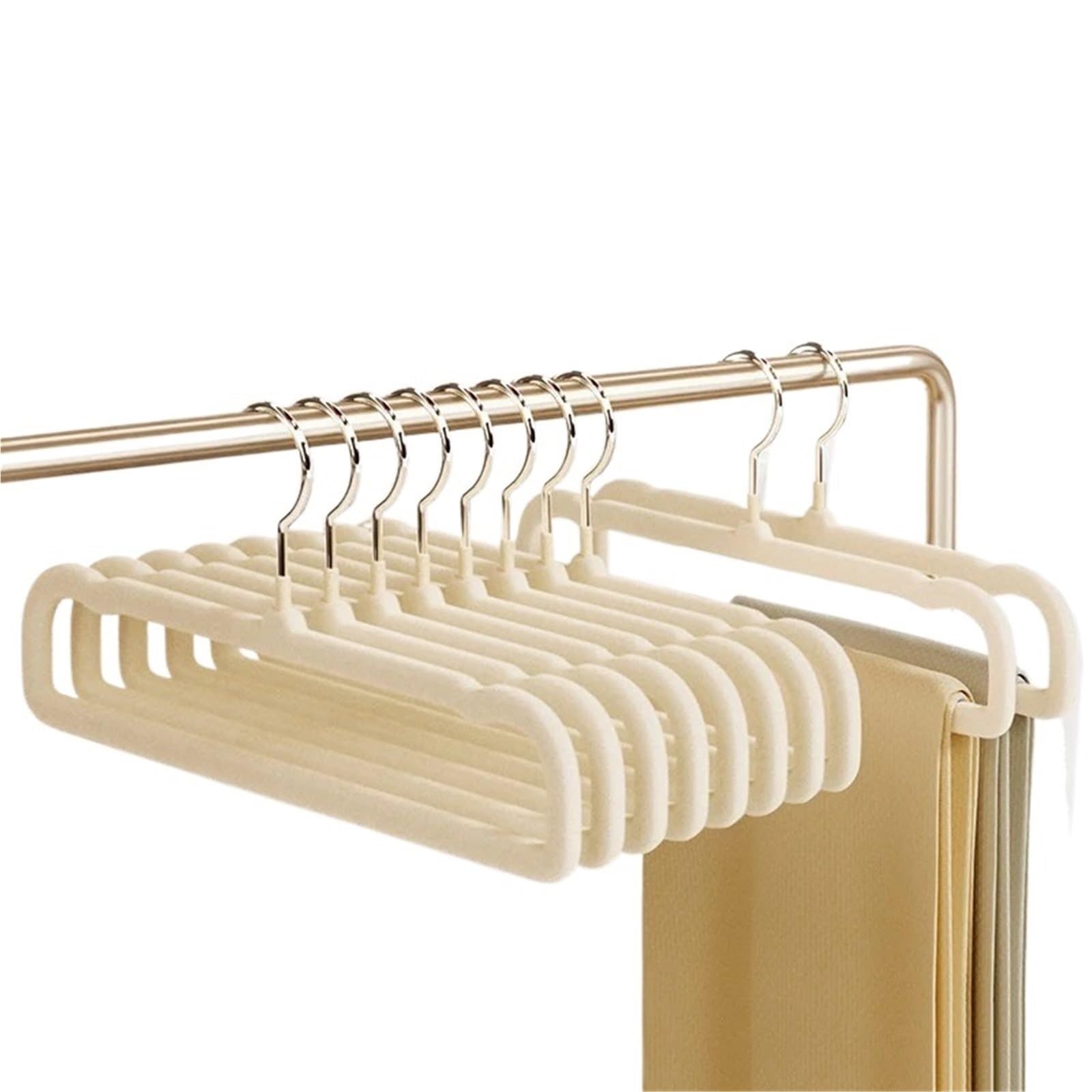 Flocked Hangers 10pcs Pants Hanger Flocking Plastic Space Saving Anti Slip Short Neck Cloth Drying Swivel Hook(Beige-10PCS)