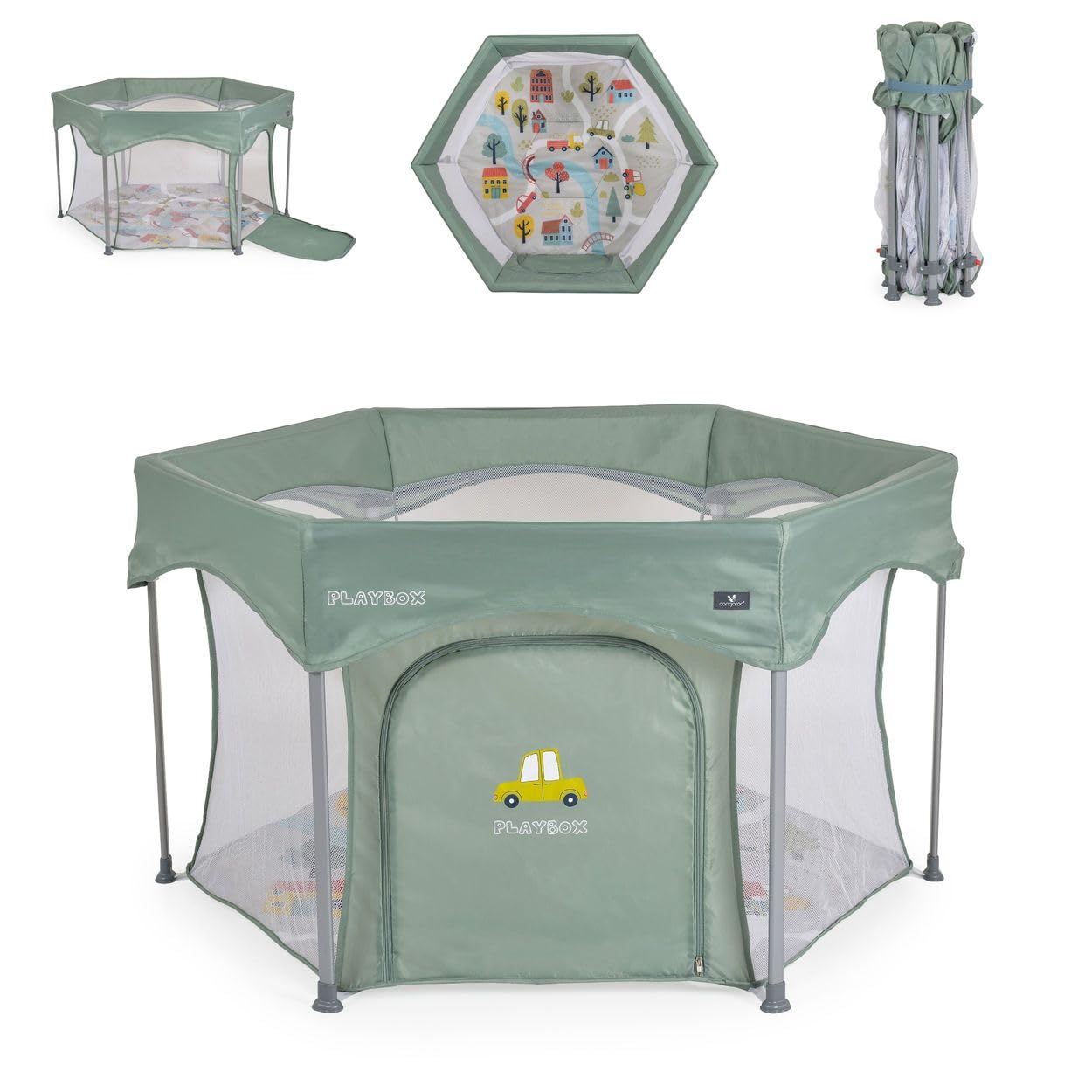 Cangaroo Kojec Playbox składany materac, torba do przenoszenia, otwarcie, zielony