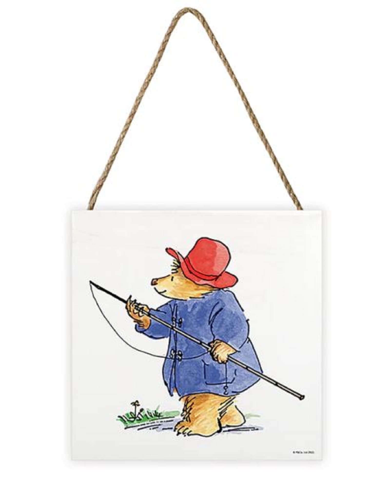 Pyramid International Paddington Bear Artwork (Fishing With Paddington Design) 20cm x 20cm x 3cm Woodblock with Hanging Cord - Official Merchandise ​, Blue,Gold,Red