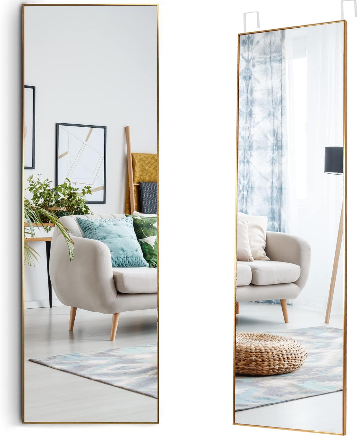 Mirrotek - Full Length Adjustable Over The Door Mirror Gold Aluminum Finish - Hanging Instant Install Long Full Body Mirror for Bedroom, Dorm Room