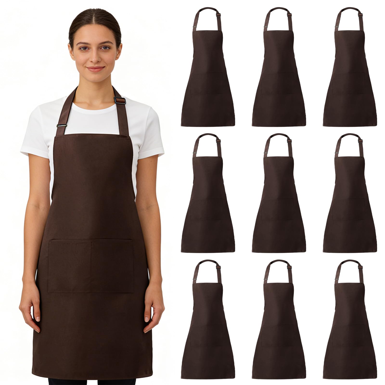 WENLISELL 10 Pack Brown Adjustable Chef Apron, Unisex Kitchen Apron with Pockets, Brown Long Chef Apron for Cooking, Catering, Restaurant
