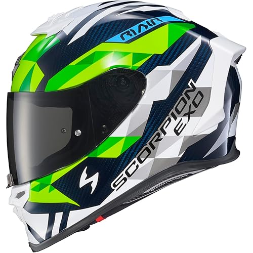ScorpionEXO R1 Air Carbon Fiber Full Face Motorcycle Helmet with Pinlock Shield Bluetooth Ready Speaker Pockets DOT ECE Rastor (White/Green/Blue - X-Large)