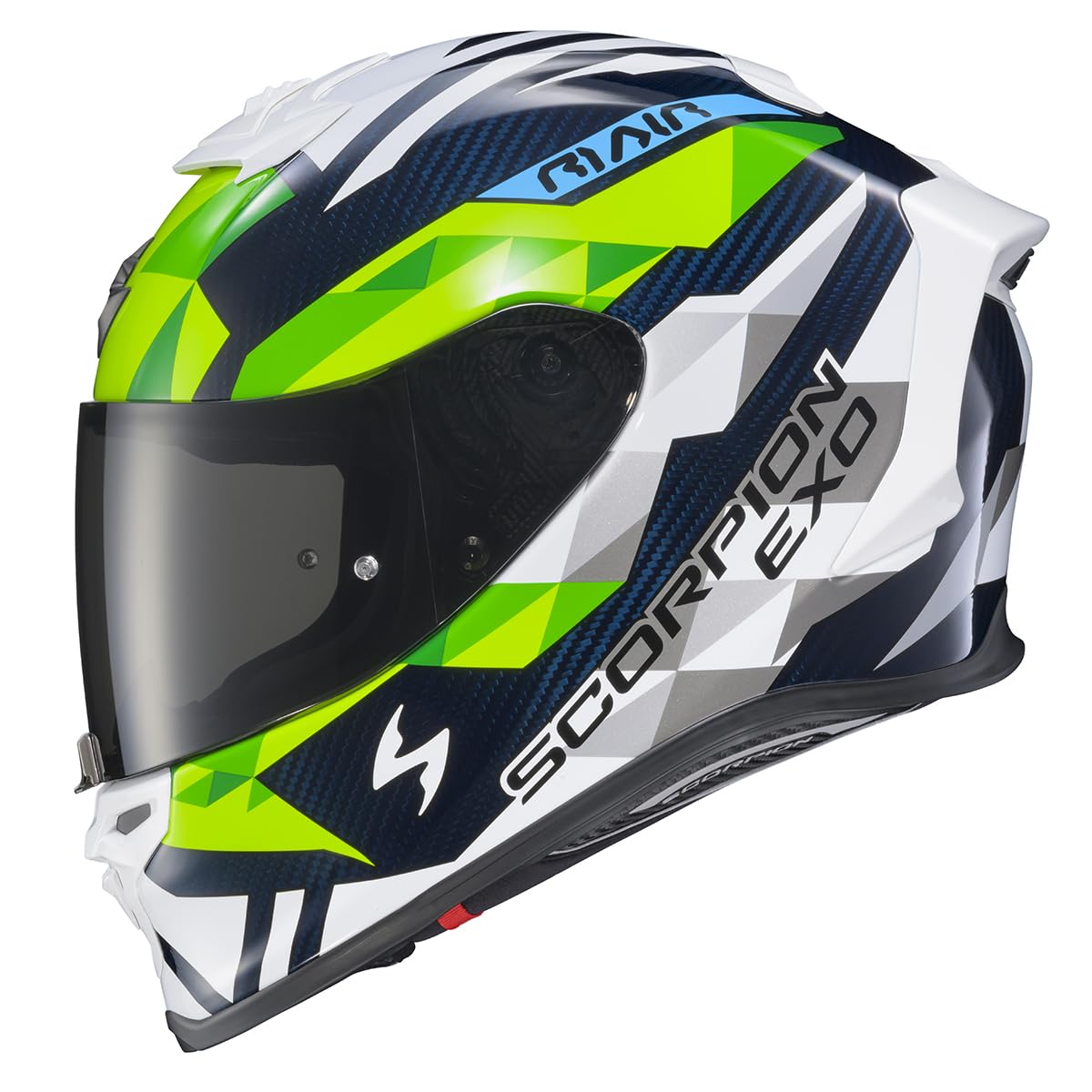 ScorpionEXO R1 Air Carbon Fiber Full Face Motorcycle Helmet with Pinlock Shield Bluetooth Ready Speaker Pockets DOT ECE Rastor (White/Green/Blue -