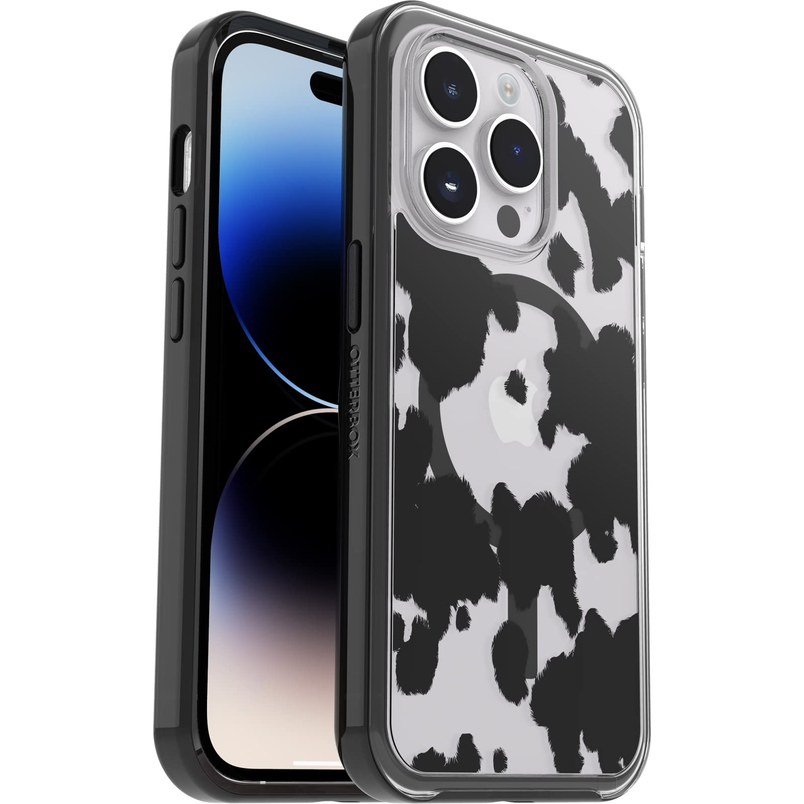 OtterBox Cover per iPhone 14 Pro Symmetry+ Clear per MagSafe, resistente a shock e cadute fino a 2 metri, sottile, testata 3x norme MIL-STD 810G, COW PRINT