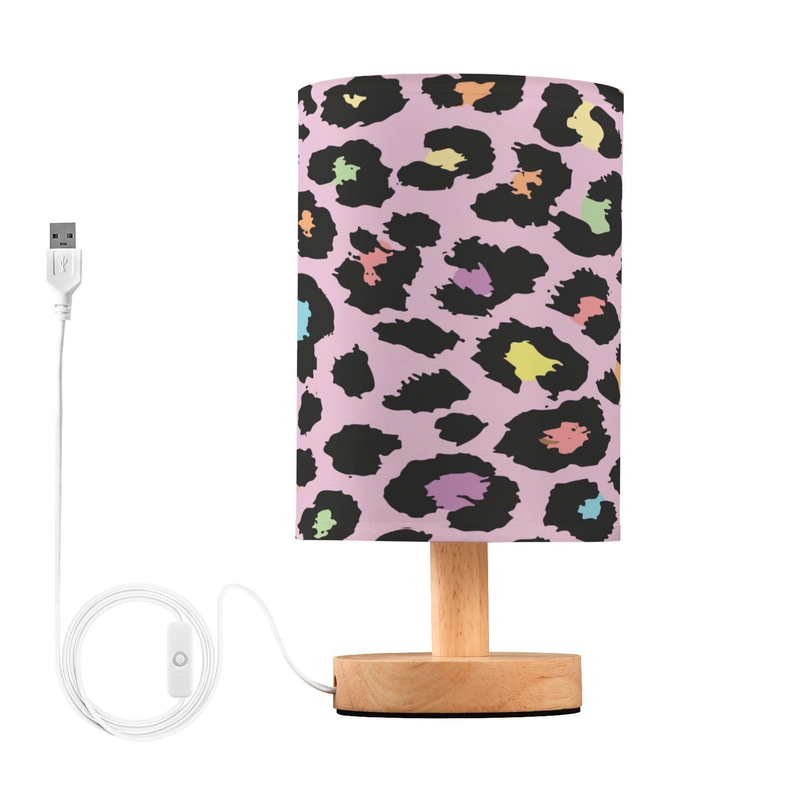 BOESI Cute Leopard Print Table Lamp, Nightstand Lamp with Wooden Base and USB Button Cord for Bedroom, Living Room