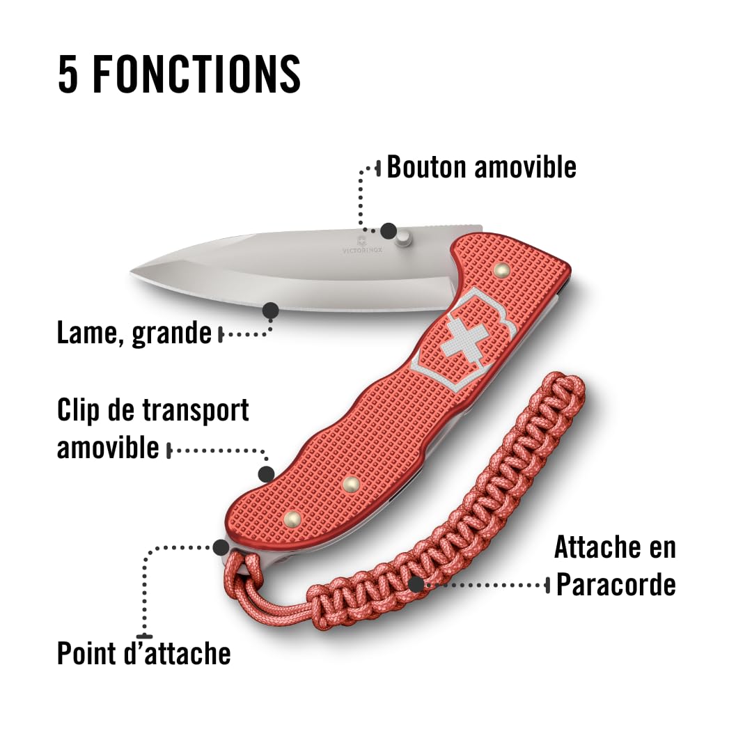 Victorinox Couteau de Poche Evoke Alox Limited Edition 2025, 5 Fonctions, Grand Couteau Pliant, Attache en Paracorde, y c. Boîte Cadeau, Rouge Pierre
