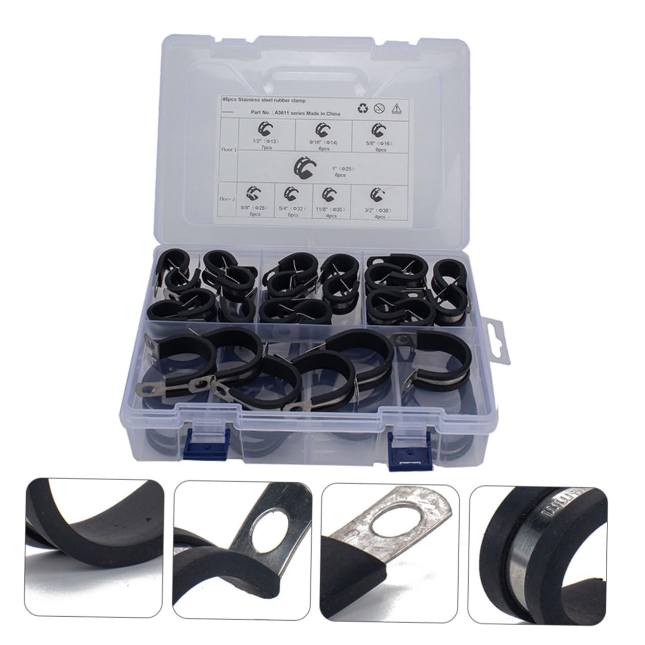 45pièces Collier de Serrage Forme de R Pince Acier Inoxydable Doublé de Caoutchouc pour Protection et Maintien