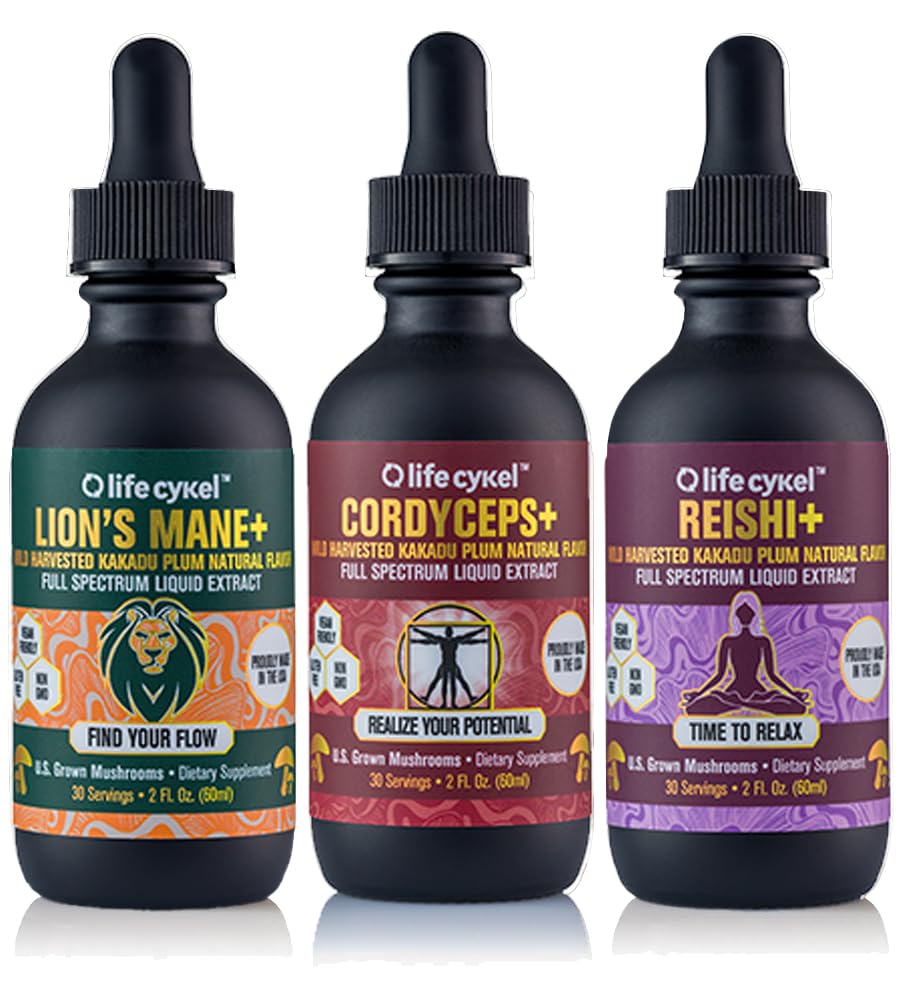 Lifecykel Professional Athletes Pack - Reishi, Lions Mane & Cordyceps Mushroom Extract- Full-Spectrum Mushroom Tincture for Energy, Focus and Immune Health- Vegan, Non-GMO Formula