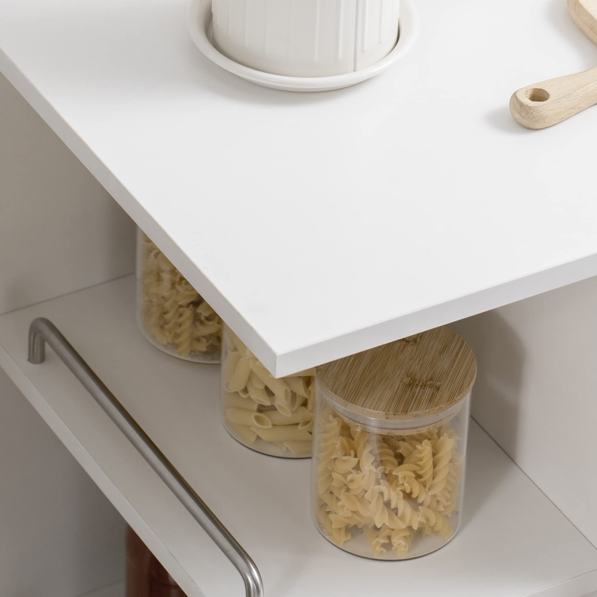 HOMCOM Desserte de Cuisine, Chariot de Service, Roues pivotantes 360°, étagères avec barrières, îlot Central Cuisine, avec tiroir, étagères, Placard, 65 x 39 x 80 cm, Blanc