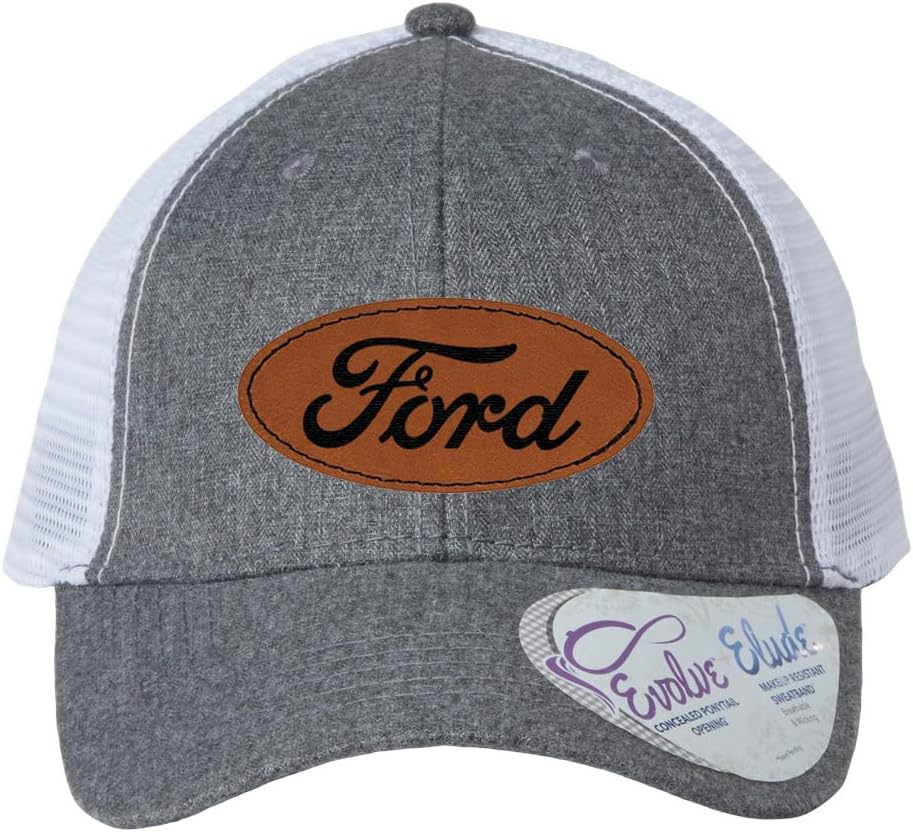 Ford Oval Script Logo Leather Engraved Patch Womens Ponytail High Messy Bun Trucker Hat Cap