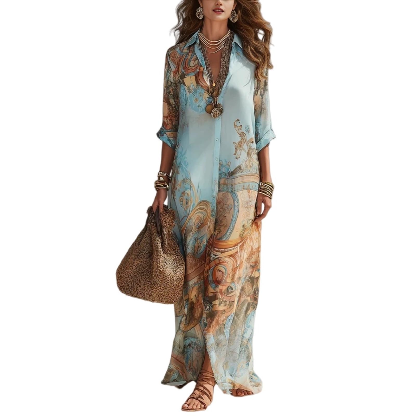 Generico Abito Lungo da Donna Stile Boho con Scollo a V e Maniche Lunghe, Stampa Floreale, vestibilità Ampia, Casual, Vintage, Western, per Vacanze e Spiaggia 2026