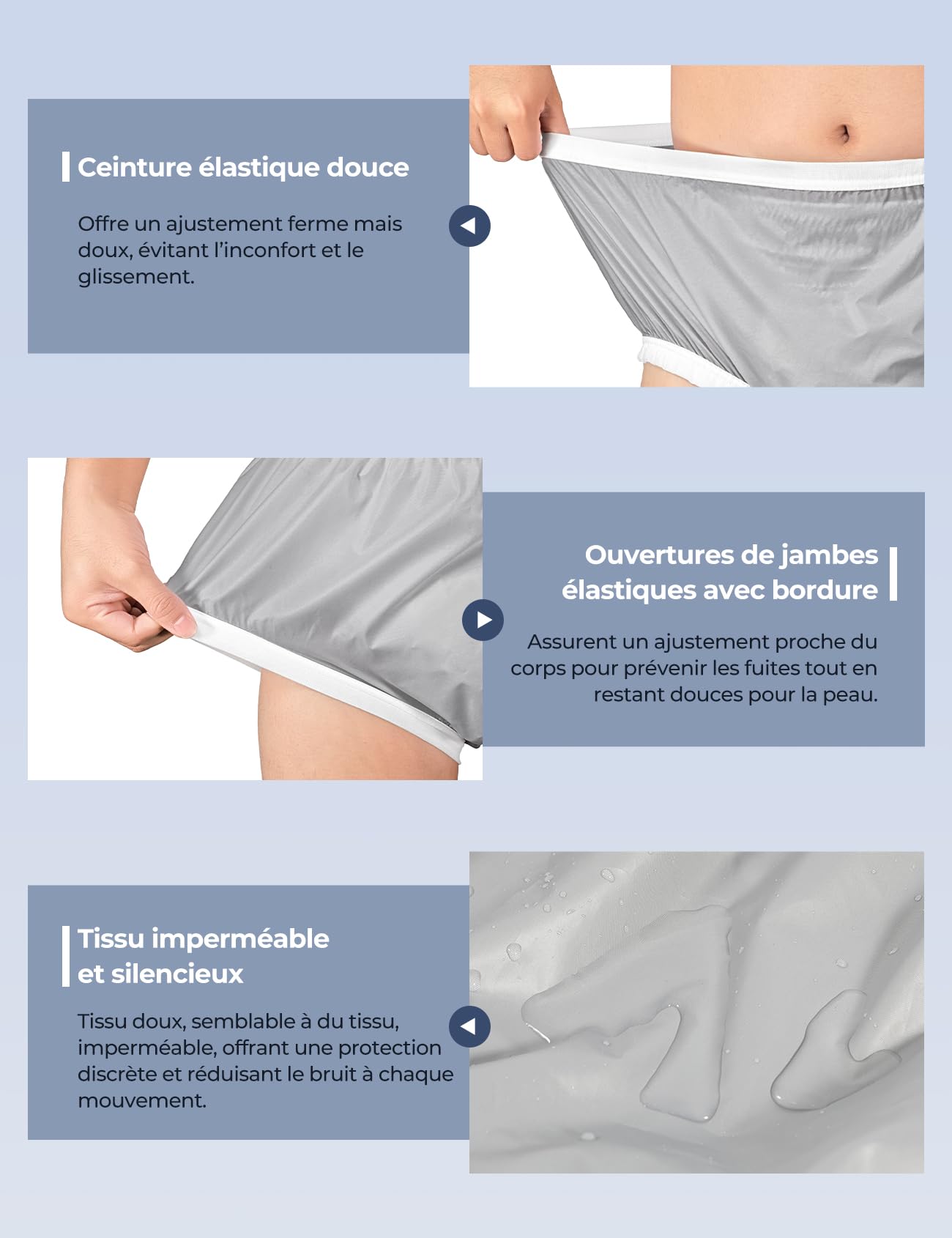Carer Lot de 3 Couvre-couches pour Adulte Sous-vêtement Anti-fuites pour Incontinence Imperméable Sans Bruit Lavable Réutilisable Culotte Plastique Unisexe Gris Taille M