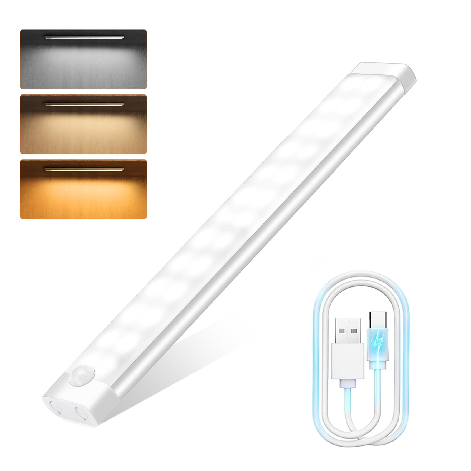 Woobroo Motion Sensor Lights - 30cm Under Cabinet Kitchen Lights,3 Color Rechargeable Night Light, Auto On/Off Dimming Wardrobe Lights for Stairs, Under Cabinet, Closet, Room, Wardrobe, 1 Pack
