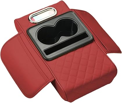 Car Center Console Cover for Ford Fiesta MK7 ZETEC 2009-2012, Leather Armrest Cushion Protector Pad with Tissue Box Holder Storage Pockets Cup Holder Phone Slot, C/Red
