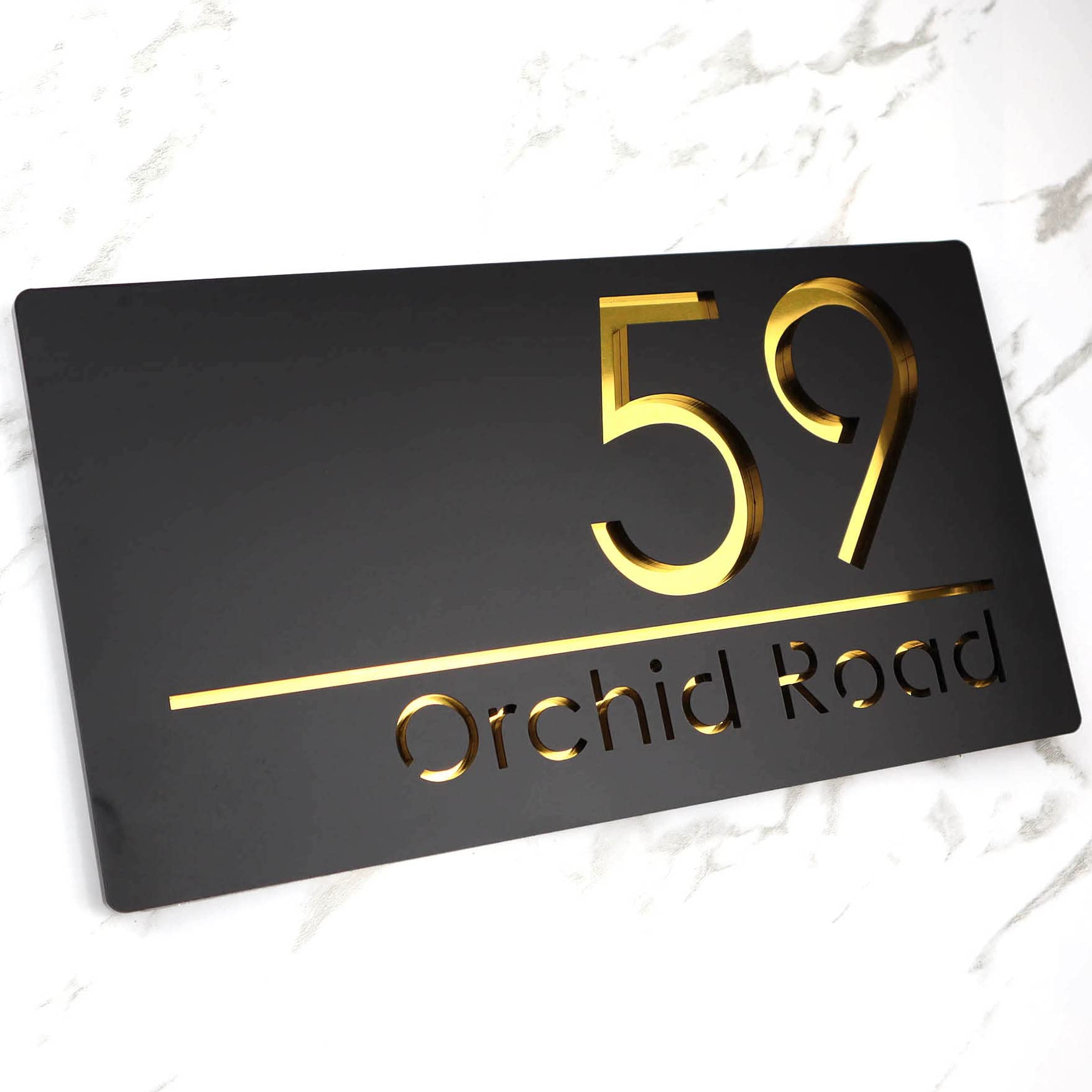 K Smart Sign | Bellissima H1 | Laser Cut Matt Black & Gold Mirror Floating House Sign Plaque Address Door Numbers | 300mm x 160mm