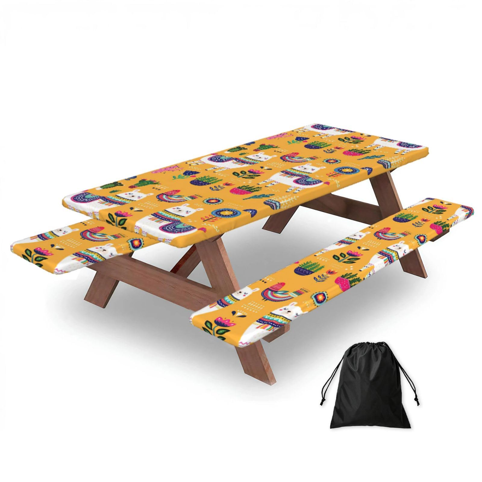 Yqxwjl Black Cartoon Alpaca Cute Animal Print Camping Essentials Waterproof Camping Table And Bench Cover With Drawstring Bag 183 Cm