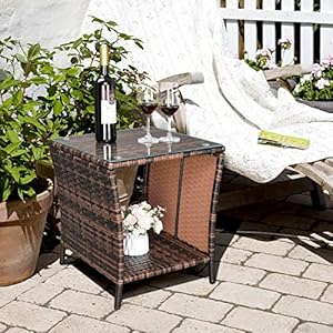 VINGLI Outdoor Wicker Side Table Patio Side Tables for Outside, Tempered Glass Top Wicker Table with Storage End Table for Balcony Porch Deck (Brown) VINGLI Outdoor Wicker Side Table Patio Side Tables for Outside Tempered Glass Top Wicker Table with Storage End Table for Balcony Porch Deck Brown
