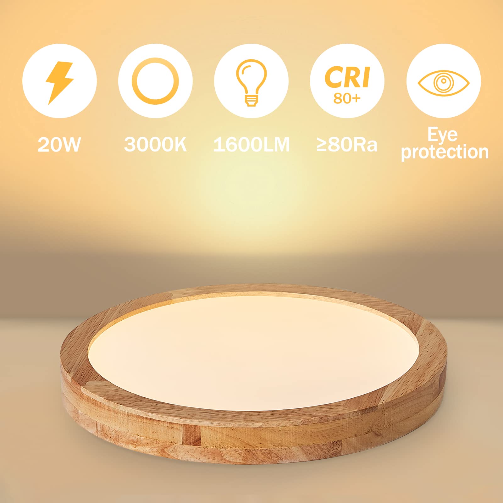 Plafonnier LED en bois, 30CM Rond Plafonnier LED Salon 20W 3000K Blanc Chaud Plafonnier bois Rond Lampe led plafond pour chambre/bureau/cuisine/d'enfant/couloir/balcon