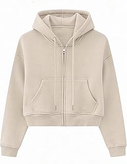 Women's Cropped Zip Up Hoodie Fleece Lined Drawstring Crop Tops Sweatshi...