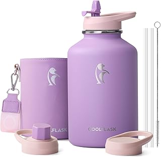 Coolflask Half Gallon Water Bottle Insulated with PU Leather Sleeve, 64 oz Water Bottle Color Contrast with Straw Lids, Stainless Steel Metal Large Water Jug, Keep Cold 48h Hot 24h,Lilac Purple