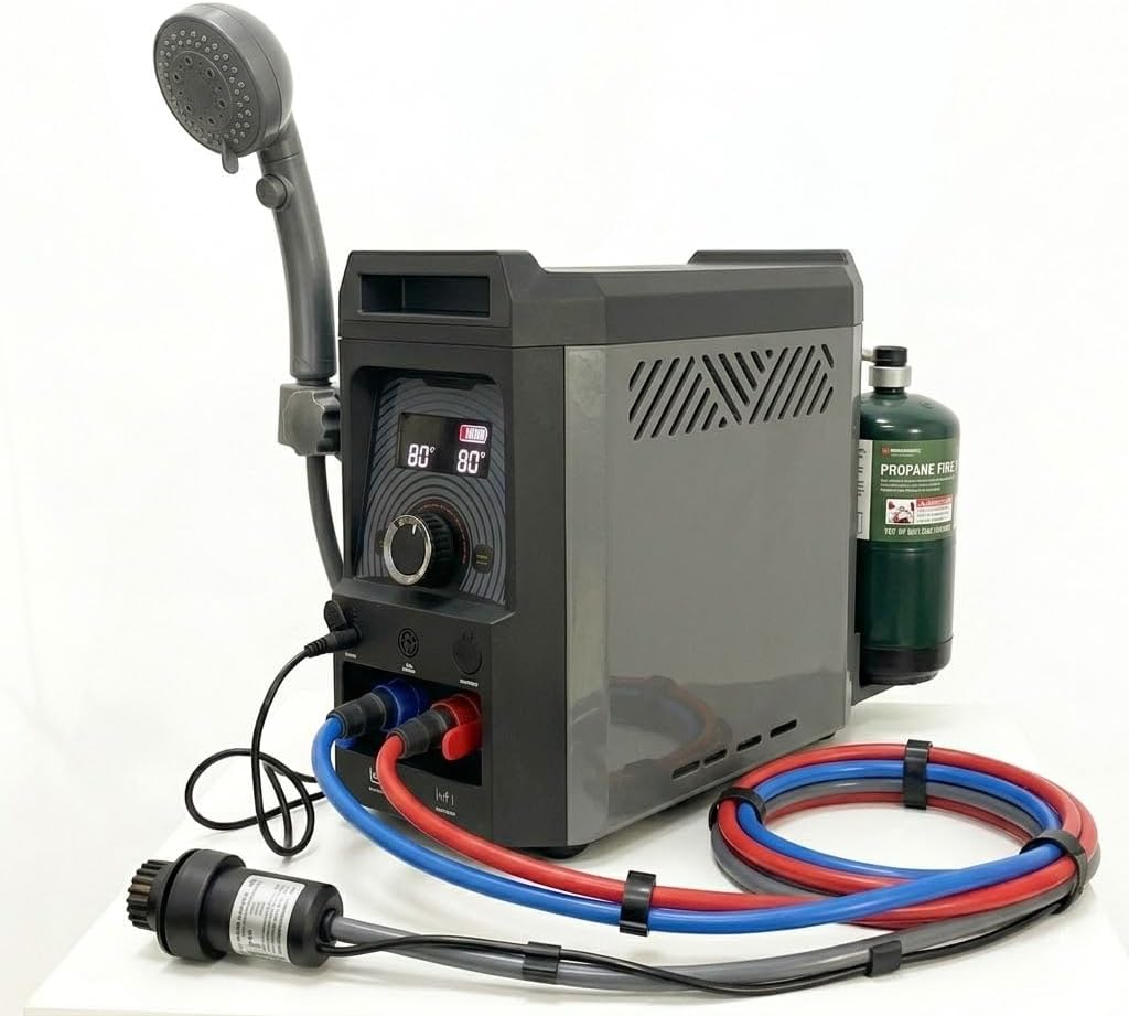 Portable Outdoor Propane Water Heater with Built-in 12V Water Pump, Battery Powered Tankless Gas Water Heater for Camping, RV, Off-Grid Living, Pet Washing - Includes Shower Head and Hose System