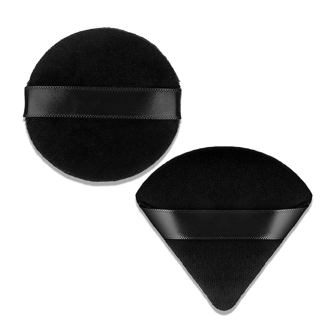 Gleva 2 Pcs Powder Puff Soft Face Makeup Sponge, Loose powder Foundation Blending Sponges Set, Beauty Blender, Contouring, Round & Triangle Shape Wet & Dry Tool Washable Reusable (Black)