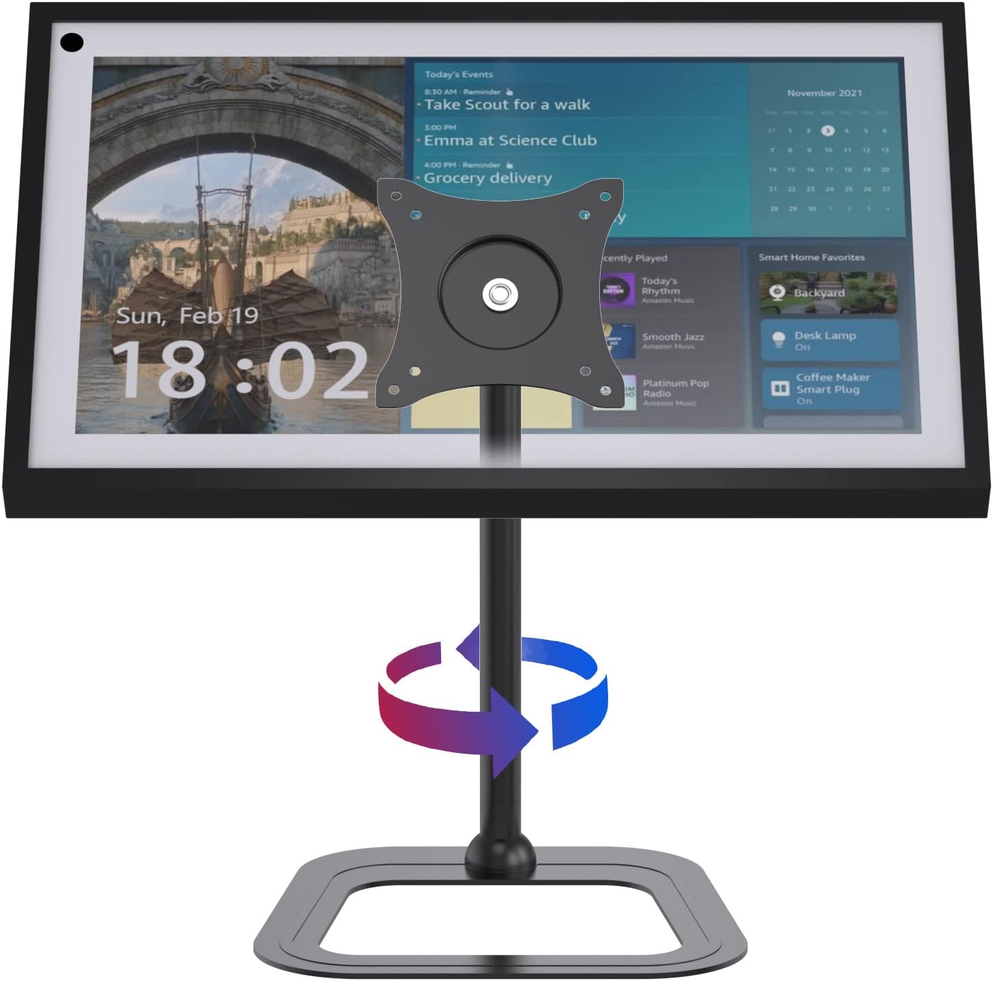 Mount for Echo Show 15 (1st, 2nd Gen), Swivel 270 Degrees Left and Right, Tilt 90 Degrees Up, Rotate 360 Degrees for Landscape or Portrait, Riser Show 15 Stand Made of Solid Steel (Black)