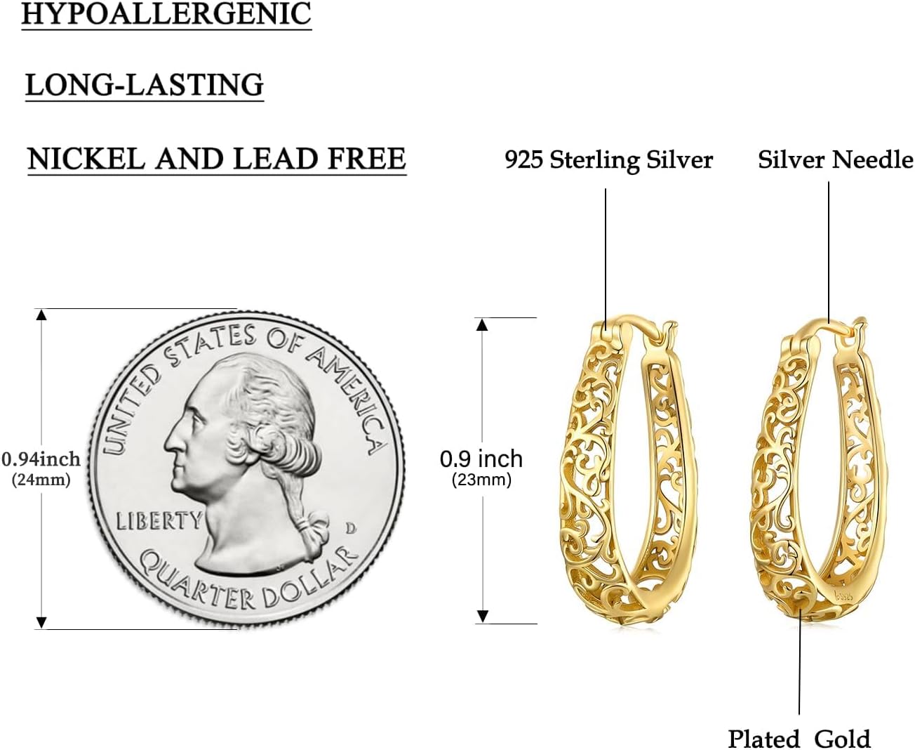 BISAER Gold Plated Filigree Hoop Earrings, 925 Sterling Silver Vintage Vine Earrings For Women Original Design Hypoallergenic Ear Jewelry Gift - Image 3