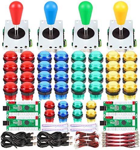 Fosiya 4 Player LED Arcade Kit Ellipse Oval Style Joystick USB Encoder to PC Games DIY Controllers Bat Joystick 4 Colors LED Arcade Buttons for All Windows PC MAME Raspberry Pi