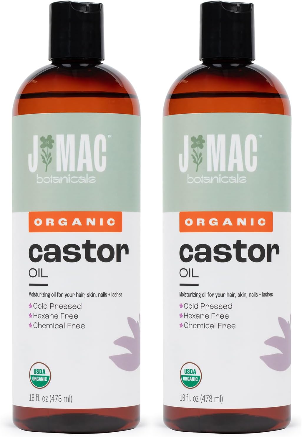 J MAC BOTANICALS Organic Castor Oil Cold Pressed in Amber BPA Free Plastic Bottle (32 oz) USDA Certified, Hexane Free - Moisturizing Oil for Hair, Skin, Face, Eyelashes, Brows, Nails, and Castor Wraps