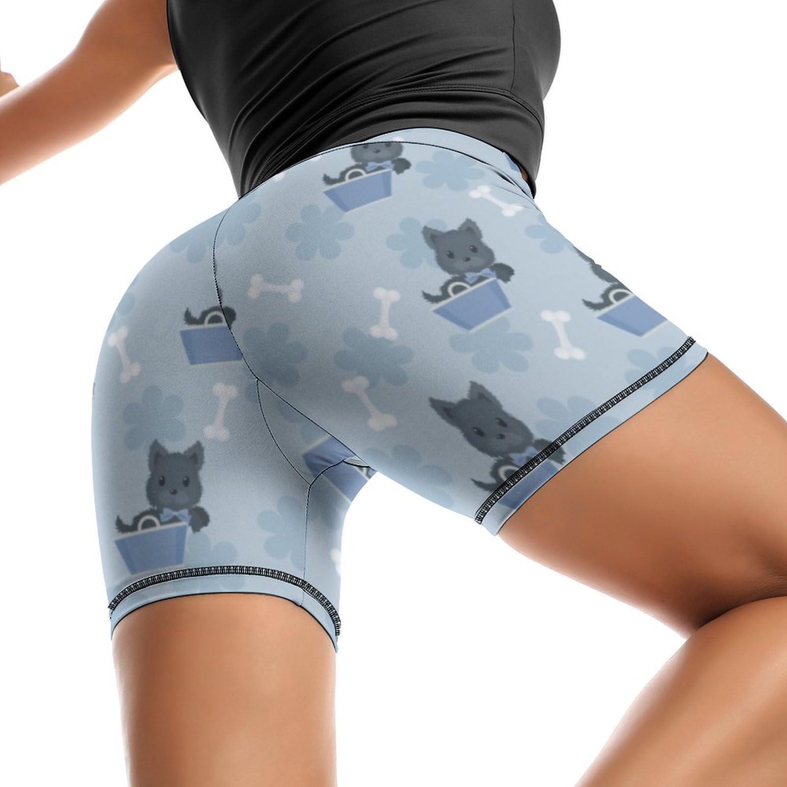 Cute Animal of Scottie Dog Pattern High Waist Yoga Shorts for Women Athletic Shorts Leggings Running Pants Black