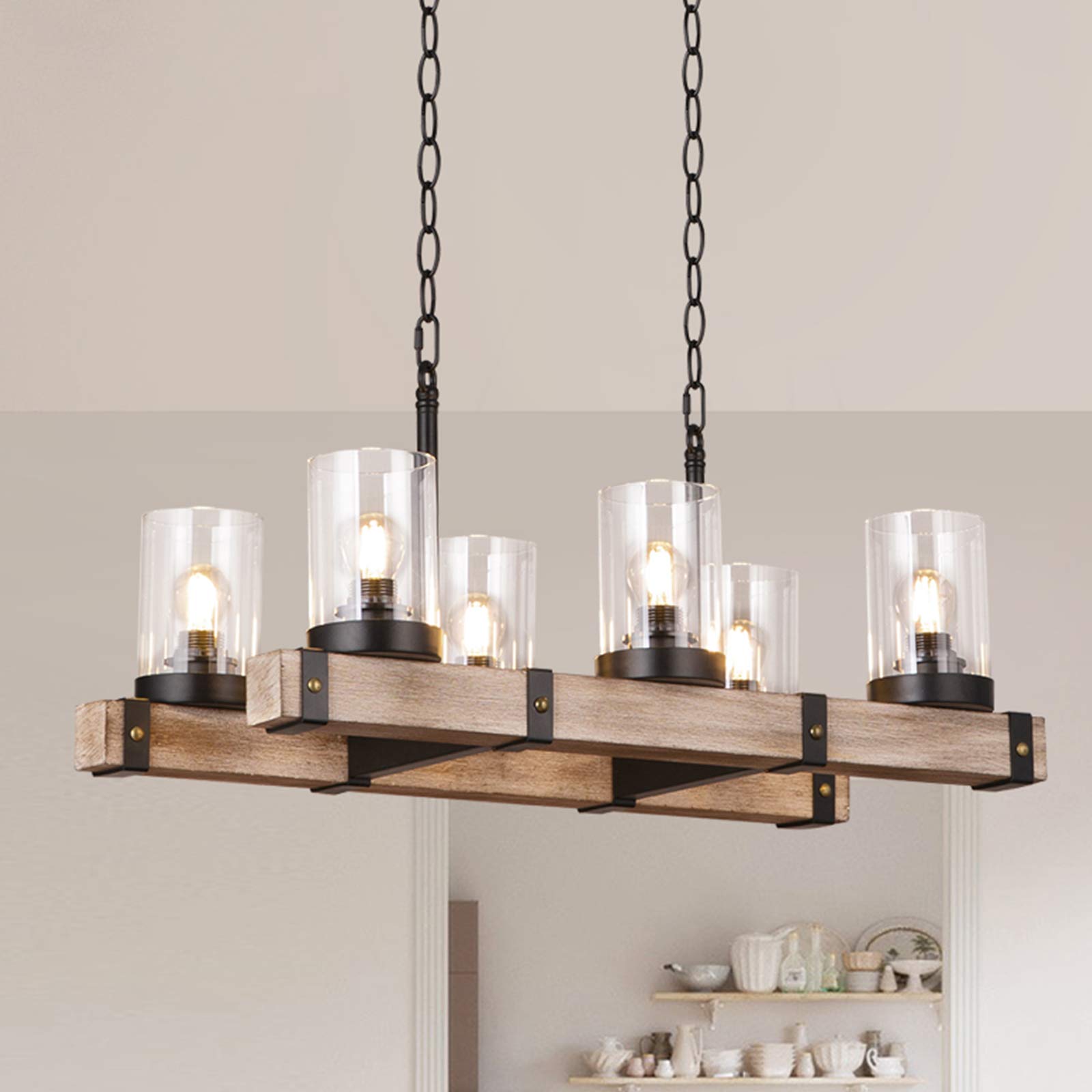 6 Lights Wooden Farmhouse Kitchen Island Lighting Industrial Hanging Pendant Light Fixtures For Dinning Table Bar Dinning Room Amazon Com