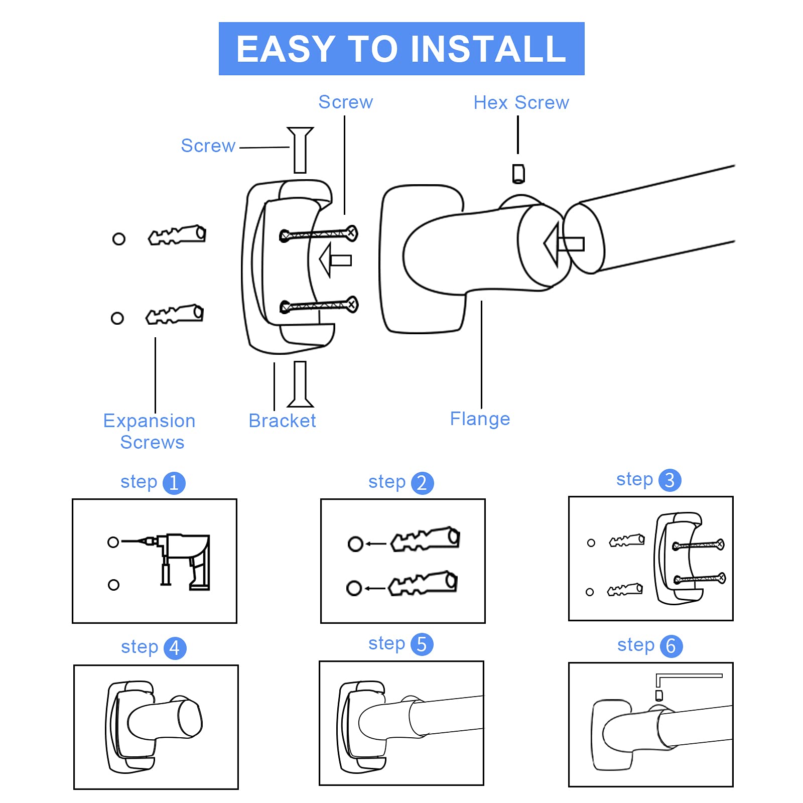 Curved Shower Rod, 45-75 Inch Shower Curtain Rod, Premium Stainless Steel, Never Rusts, Adjustable, for Bathroom, Black, Need to Drill