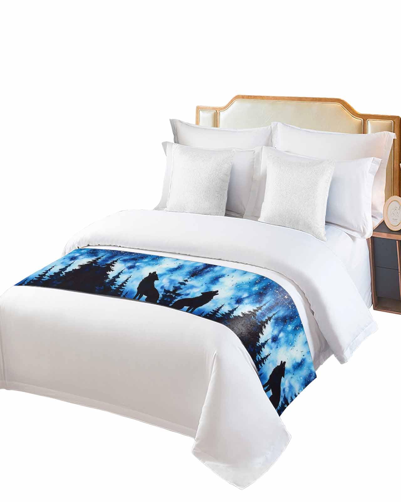 Wolf Black Silhouette Bed Runner for Twin Size, Forest Starry Night Bedspread Protector Slipcover Bed Scarf for Foot Runners & Scarves for Bedroom Hotel Wedding Room 71x20 Inches