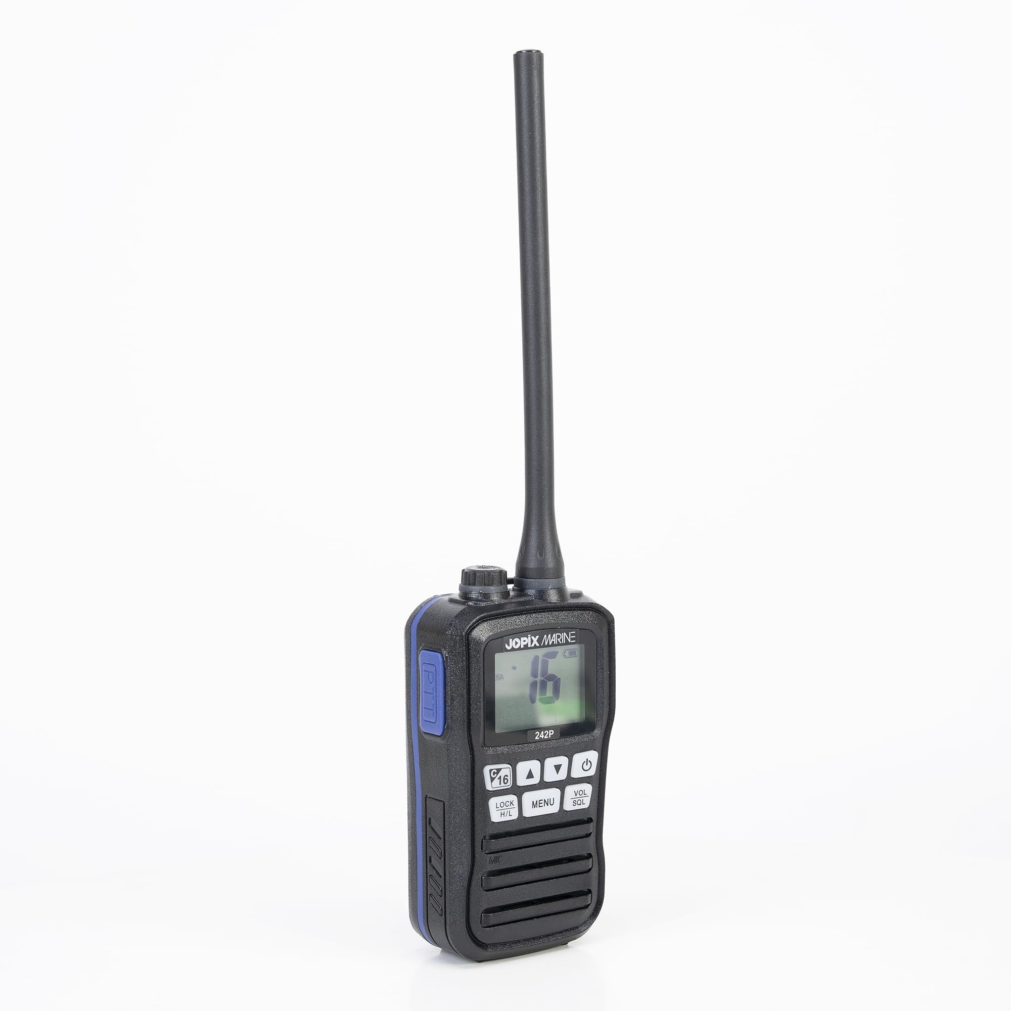 Jopix Marine 242P Talkie-Walkie VHF Maritime Flottant – Étanche IP67, Triple Veille, Canal 16 Direct, Chargement USB et Allume-Cigare, Ultra-Léger