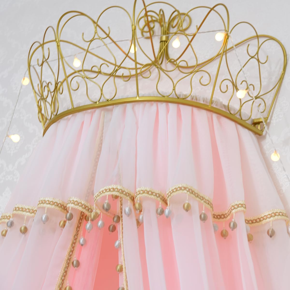 Girl Bed Curtain Princess Crown Room Decor Bedside Yarn Net Romantic Princess Tents Bed Canopy Valance (Light Pink)