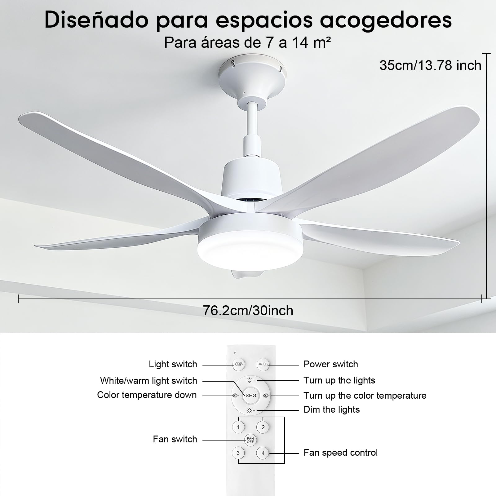 Ventilador Techo con Luz LED 76cm, Aspas Delgadas Silenciosas, Motor DC, 4 Velocidades Mando Distancia, Luz 3CCT 18W, Fácil Instalación, para Dormitorios Pequeños 7-14m², Blanco Mate