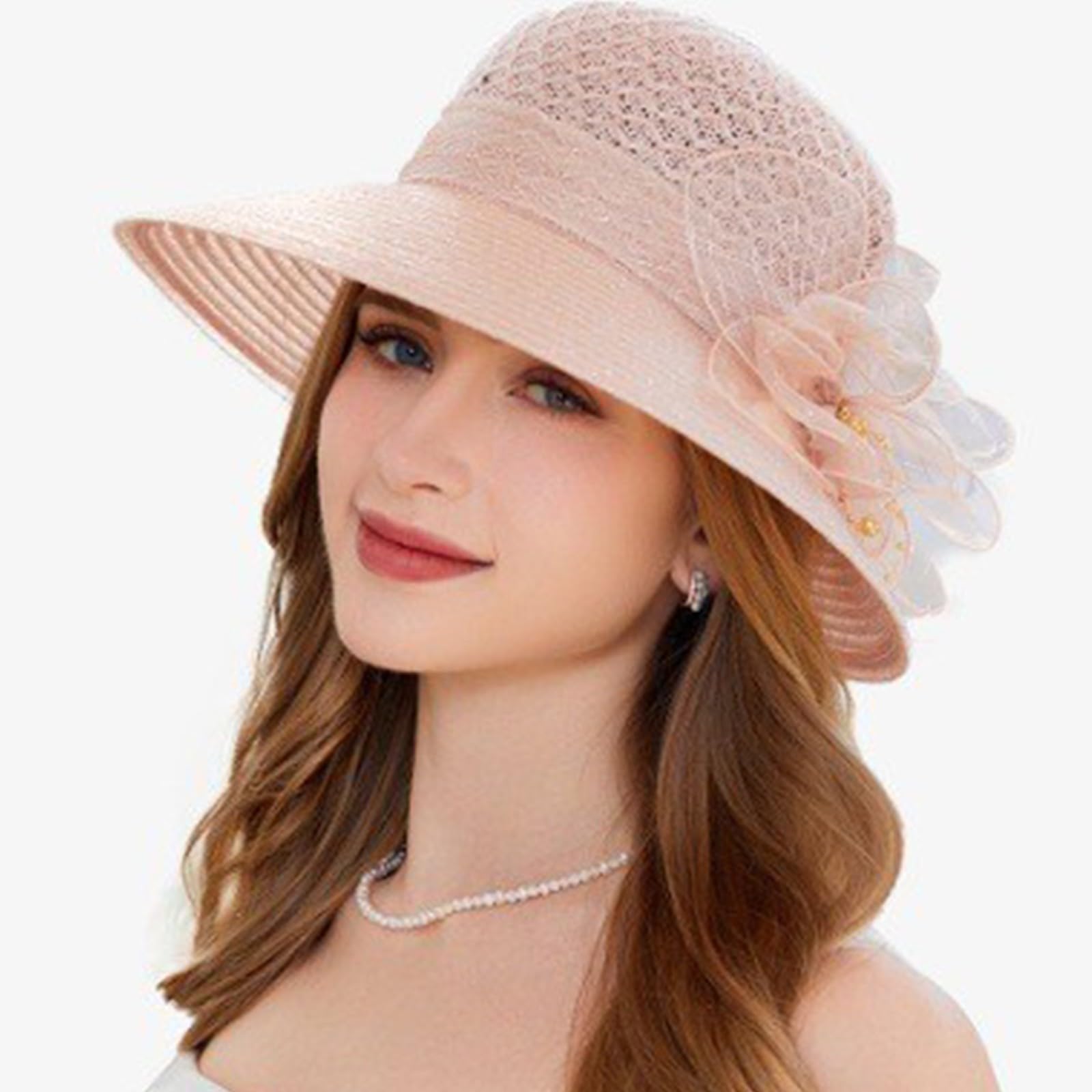 Chapeau Mariage, Chapeau Mariage Femme Chic Organza Blanc Cassé Capeline Large Bord Ornée de Plumes Chapeaus Soleil Cérémonie Élégant Anti-UV Pliable pour Cocktail Mère Mariée