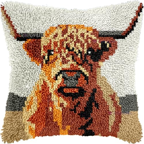 Image of veirousa Latch Hook Kits for Adults, DIY Highland Cow Pillow & Rug Craft Kit for Beginners, Animal Handmade Yarn Art, Relaxing Home Sofa Decor Gift 17x17 Inch