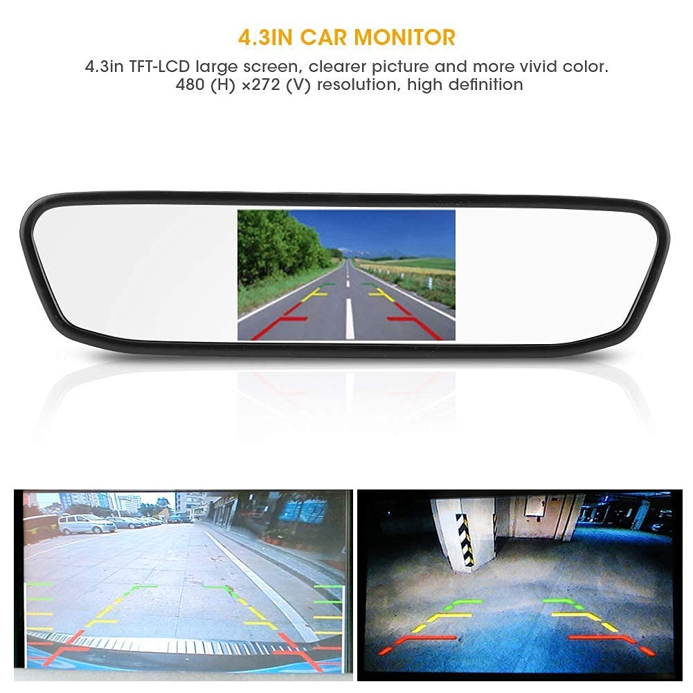 Telecamera di backup per auto Monitor per specchietto retrovisore per auto da 4,3 pollici Schermo TFT-LCD HD Schermo di ingresso video a 2 canali con telecamera posteriore impermeabile