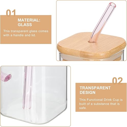 Miniatura 3 de Luxshiny Vasos rectangulares con pajita de vidrio con tapas, vasos cuadrados con asa, tapa de bambú, vasos transparentes para café helado para el