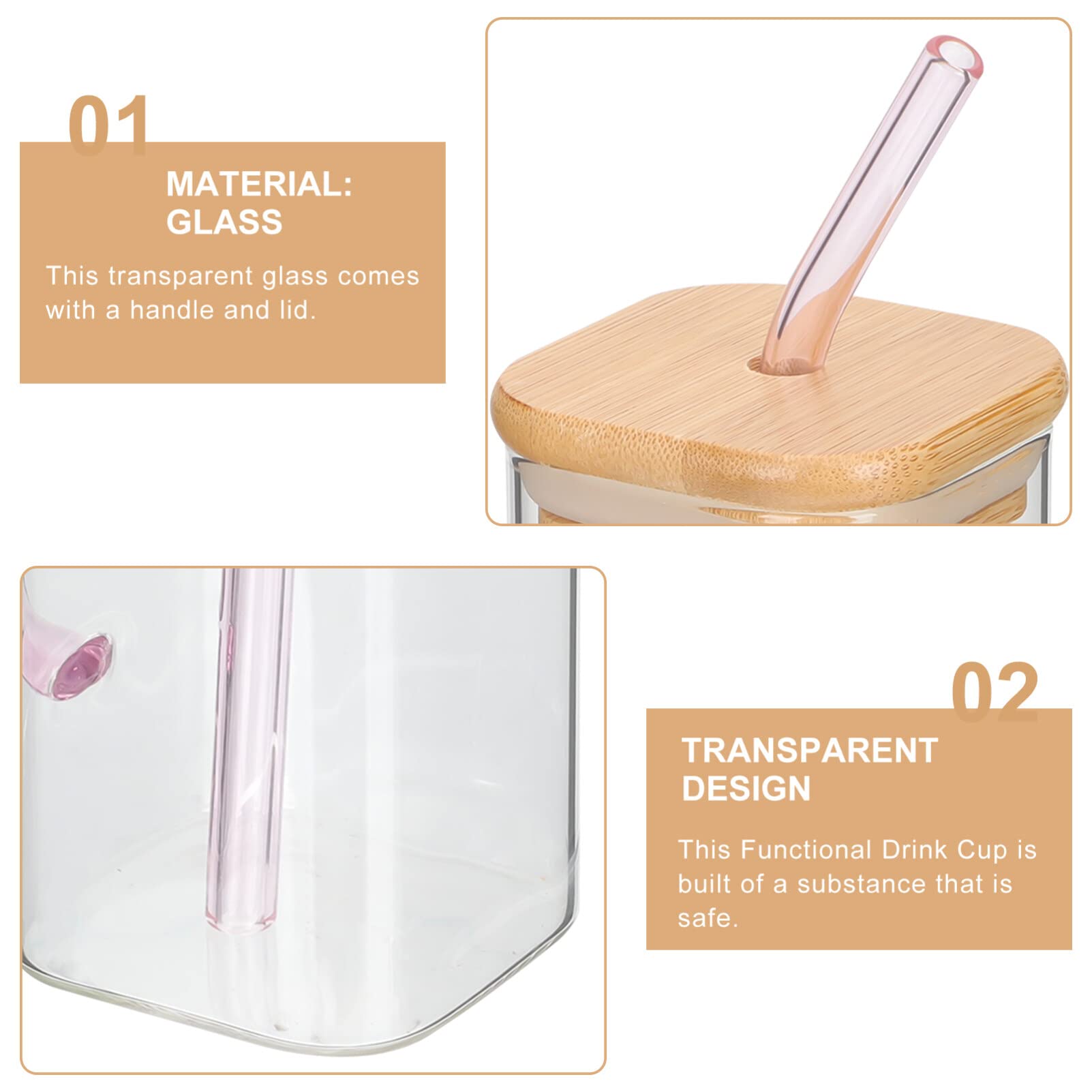 Luxshiny Tazas rectangulares de vidrio con pajilla con tapas, vasos cuadrados con asa, tapa de bambú, vasos de café helado transparentes para el hogar, accesorios de cocina, botella de agua rosa