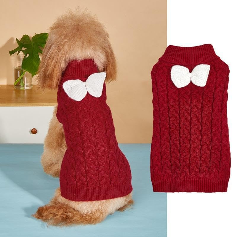 Yanmucy Dog Turtleneck Sweater with Bow for Small Medium Large Dogs Cats Warm Winter Knit Jumper Coat, Christmas Costume (Red, S)