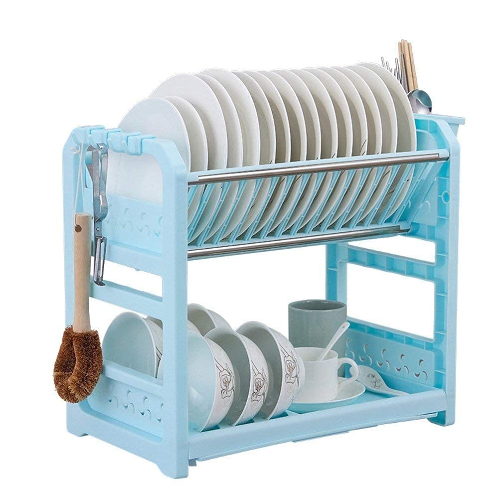 Ghbsdnepp Blue Dish Rack 2 Tier,Dish Drying Rack,Dish Drainer Draining Board Draining Rack Kitchen Cutlery Dish Draining Rack Bowl Cup Plate Storage With Chopsticks Cage