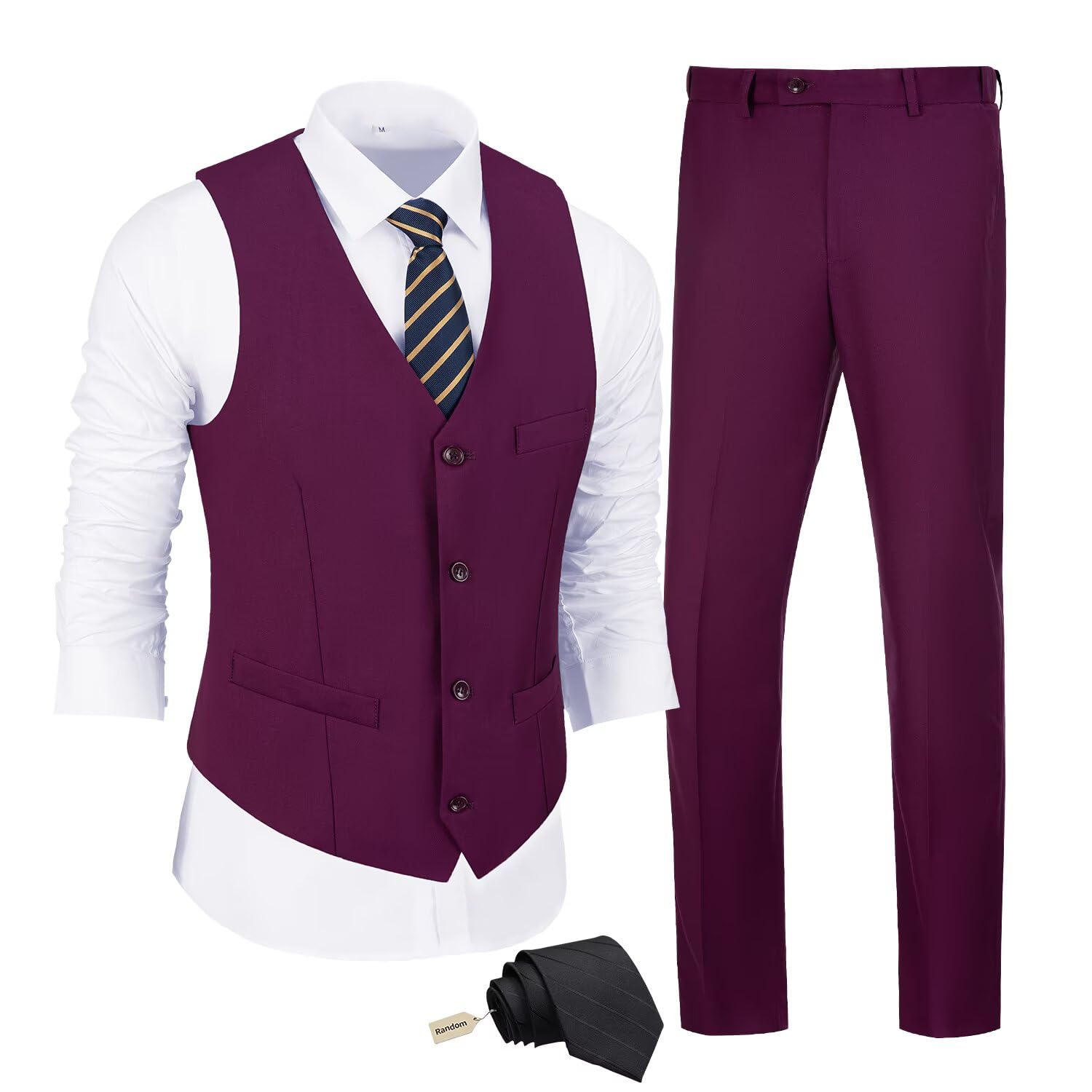 JPF Men's 2 Piece Slim Fit Suit Set, Solid Vest and Pants Suit for Men with Tie