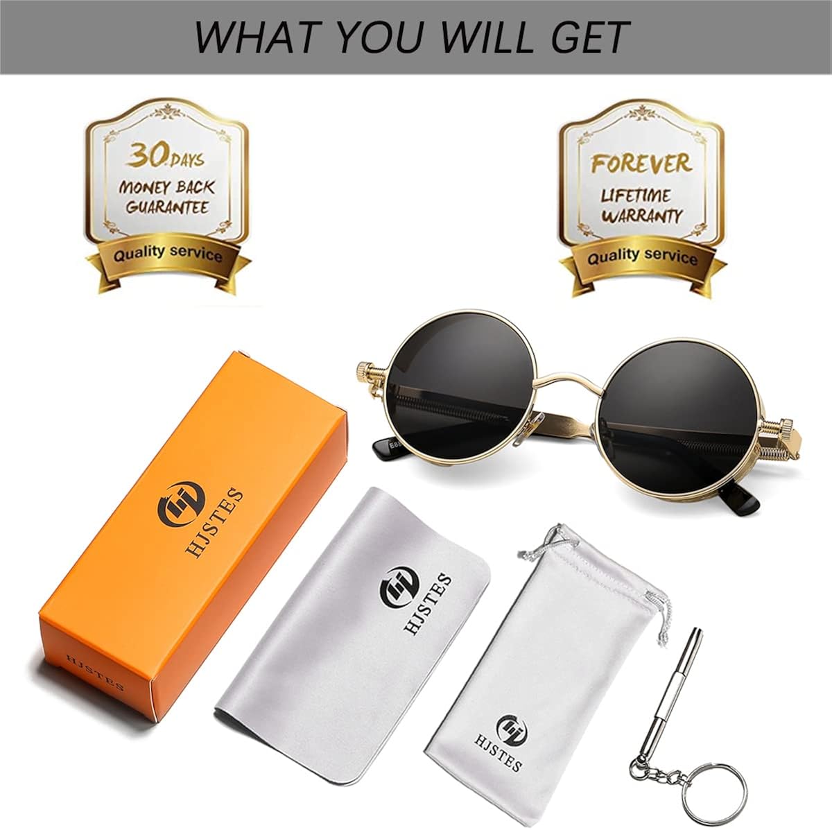 Miniatura 8 de HJSTES Gafas de sol redondas estilo steampunk vintage para mujeres y hombres, gafas góticas circulares, marco de metal retro