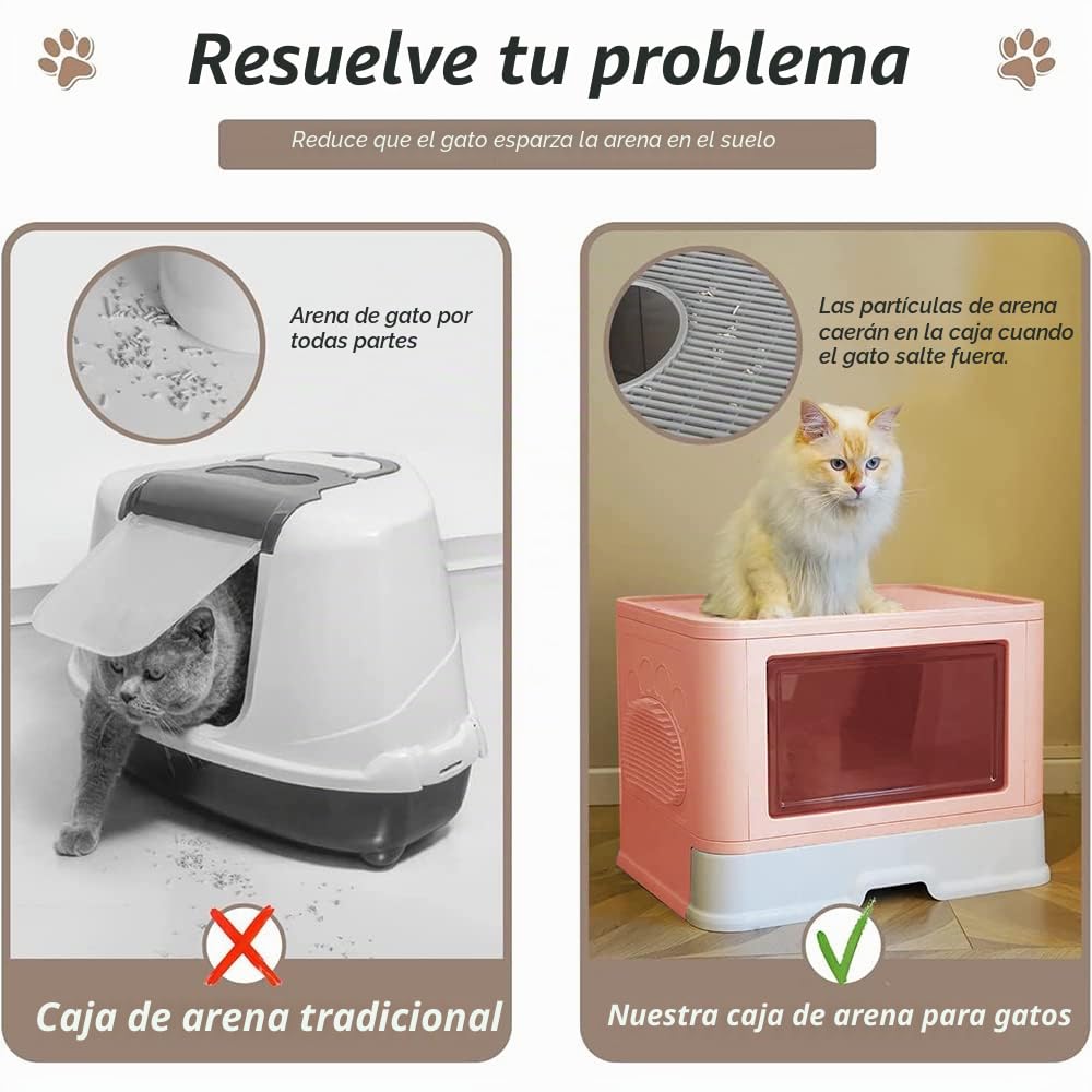Arenero Gatos Cubierto con Cajon,Arenero para Gatos Grande XXL Cerrado Caja de Arena Plegable Cagadero Gato sin Olores con Cepillo de Masajeador Pala y Filtro48,5 * 36,5 * 38 cm - Rosa