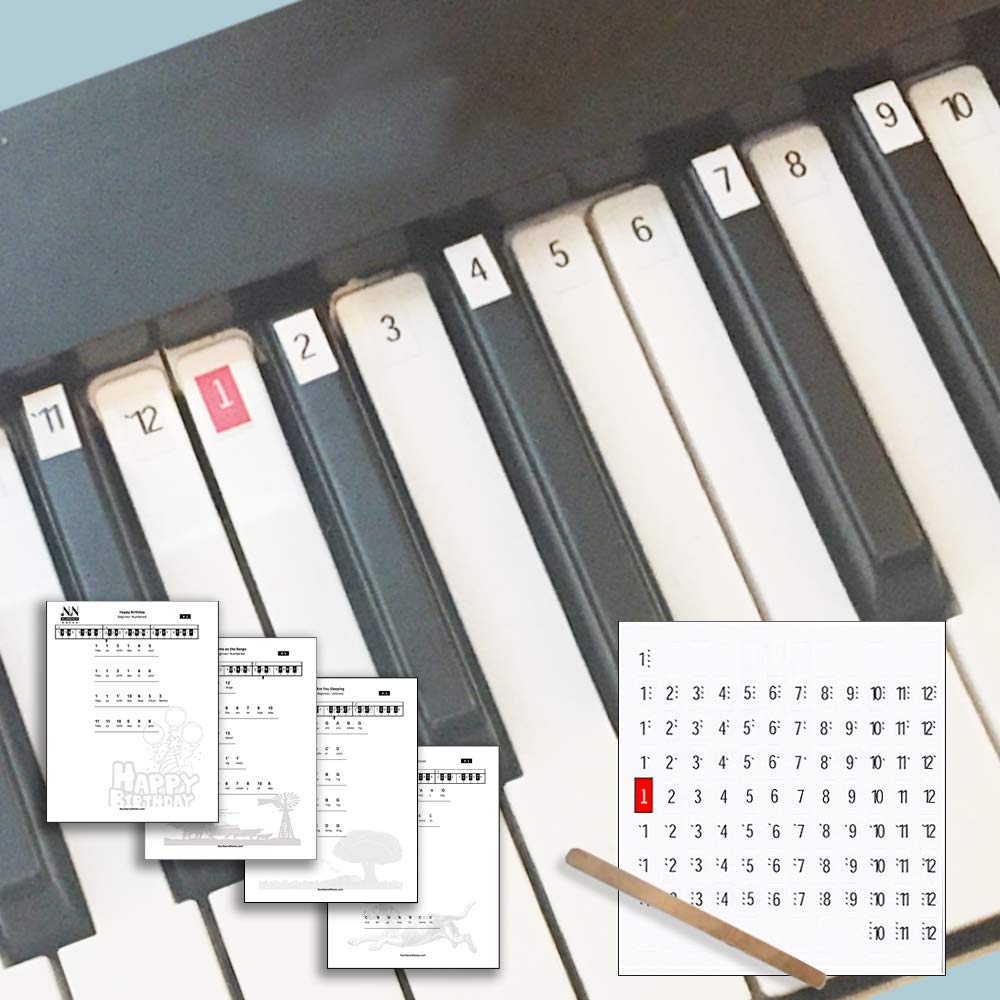 Numbered Piano Keyboard Stickers in Classic Numbers Design with 4 Easy to Play Beginner Songs.