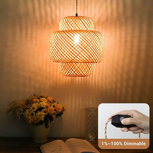 Miniatura 4 de Qwoo Lámpara colgante de bambú, pantalla de lámpara de ratán de 13.8 pies, lámpara de mimbre tejida a mano para colgar en el techo, araña de bambú